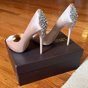 Badgley Mischka Elegant Satin Peep Toe with Rhinestone Heels - Pale Peach